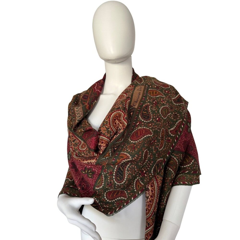 Vintage Christian Dior Boho Paisley Brown Green Wool Silk 52” Large Scarf Shawl - Picture 3 of 10